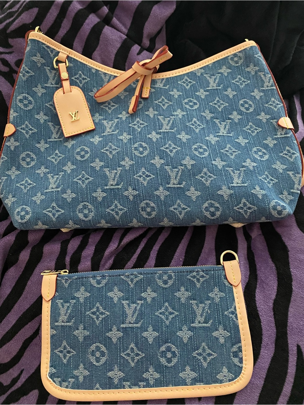 LV  Blue Denim Monogram Shoulder Bag with Pouch